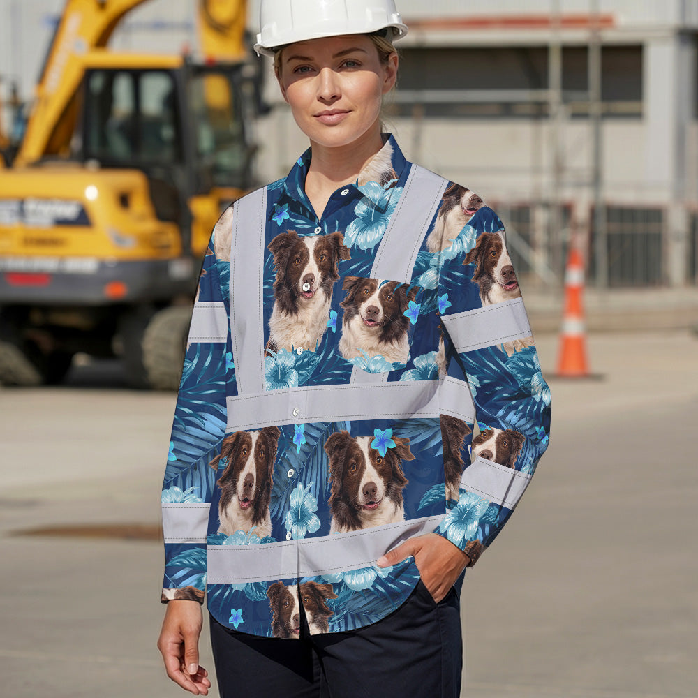 Hi Vis Hawaiian Long Sleeve Reflective Tapes Blue Flowers Custom Name And Image Safety Workwear For Truckers, Pet Lovers