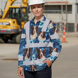 Hi Vis Hawaiian Long Sleeve Reflective Tapes Blue Flowers Custom Name And Image Safety Workwear For Truckers, Pet Lovers