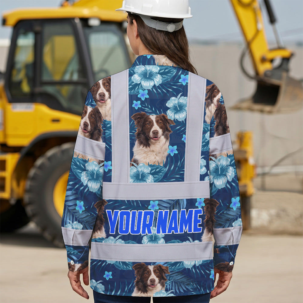 Hi Vis Hawaiian Long Sleeve Reflective Tapes Blue Flowers Custom Name And Image Safety Workwear For Truckers, Pet Lovers