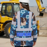 Hi Vis Hawaiian Long Sleeve Reflective Tapes Blue Flowers Custom Name And Image Safety Workwear For Truckers, Pet Lovers