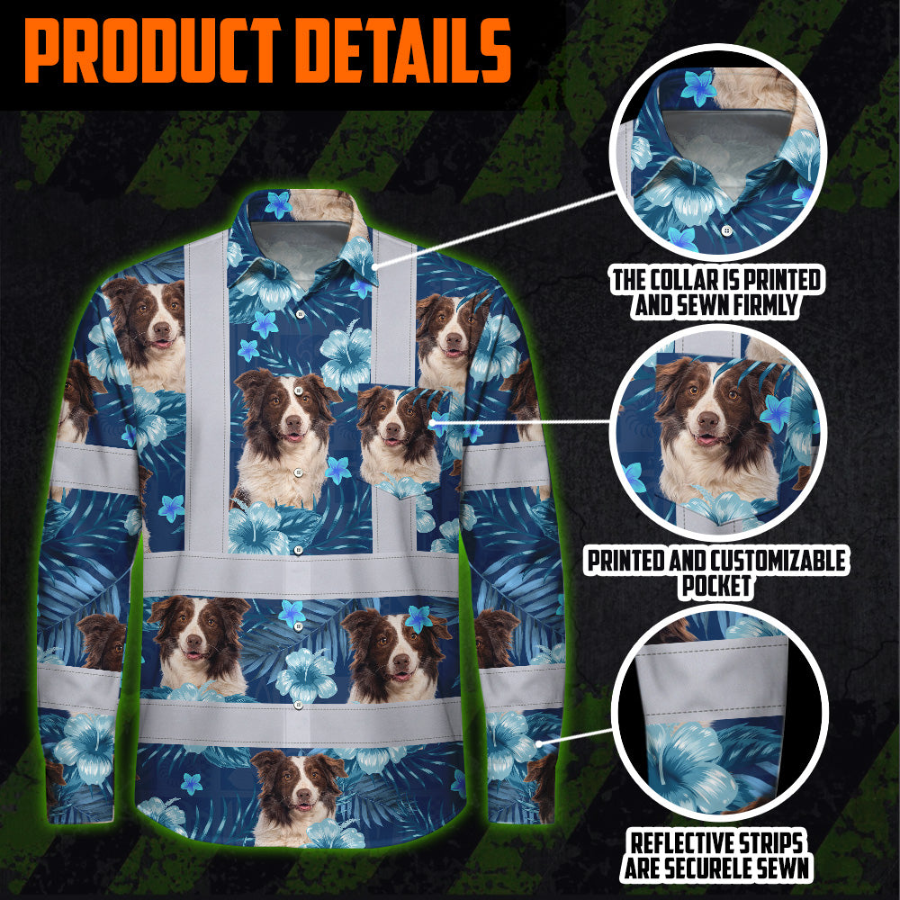 Hi Vis Hawaiian Long Sleeve Reflective Tapes Blue Flowers Custom Name And Image Safety Workwear For Truckers, Pet Lovers