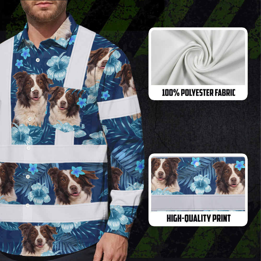 Hi Vis Hawaiian Long Sleeve Reflective Tapes Blue Flowers Custom Name And Image Safety Workwear For Truckers, Pet Lovers