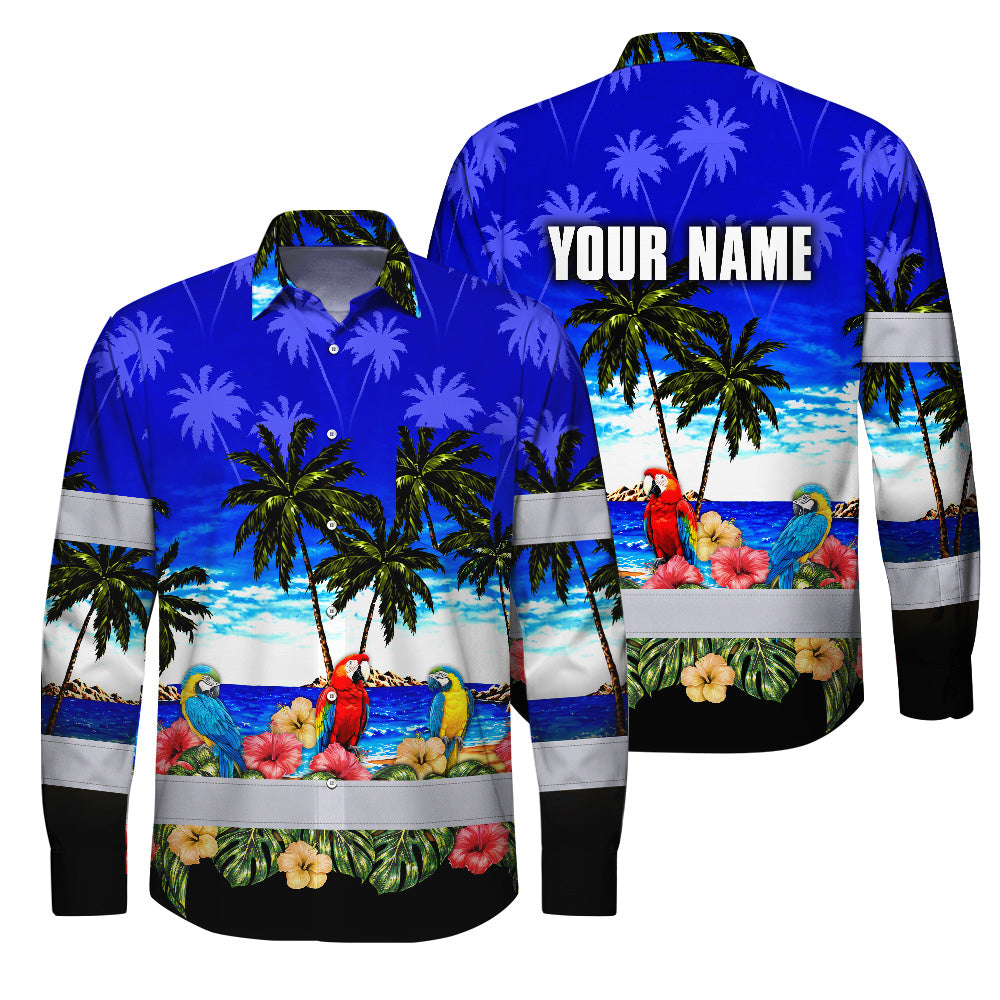 Hi Vis Hawaiian Long Sleeve Shirt Reflective Tapes Blue Black Parrot Hawaii Custom Name Safety Workwear For Truckers, Operators
