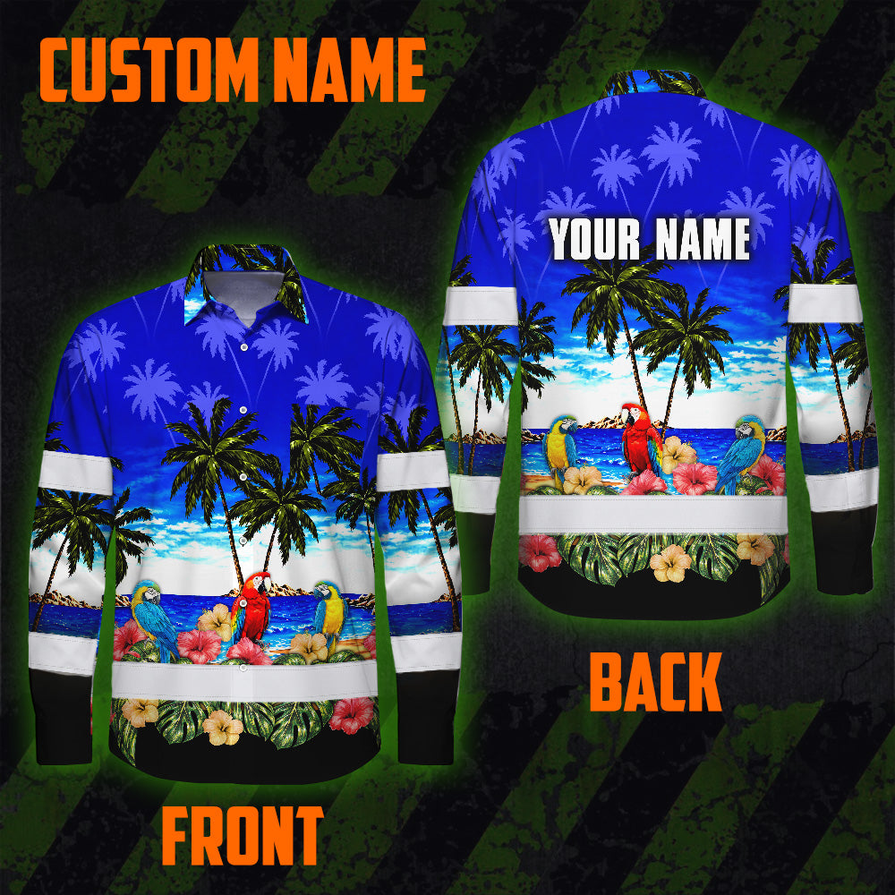 Hi Vis Hawaiian Long Sleeve Shirt Reflective Tapes Blue Black Parrot Hawaii Custom Name Safety Workwear For Truckers, Operators