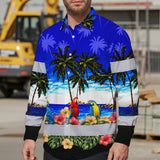 Hi Vis Hawaiian Long Sleeve Shirt Reflective Tapes Blue Black Parrot Hawaii Custom Name Safety Workwear For Truckers, Operators