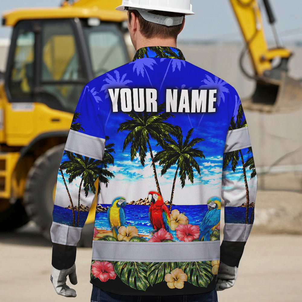 Hi Vis Hawaiian Long Sleeve Shirt Reflective Tapes Blue Black Parrot Hawaii Custom Name Safety Workwear For Truckers, Operators