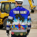 Hi Vis Hawaiian Long Sleeve Shirt Reflective Tapes Blue Black Parrot Hawaii Custom Name Safety Workwear For Truckers, Operators