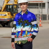 Hi Vis Hawaiian Long Sleeve Shirt Reflective Tapes Blue Black Parrot Hawaii Custom Name Safety Workwear For Truckers, Operators