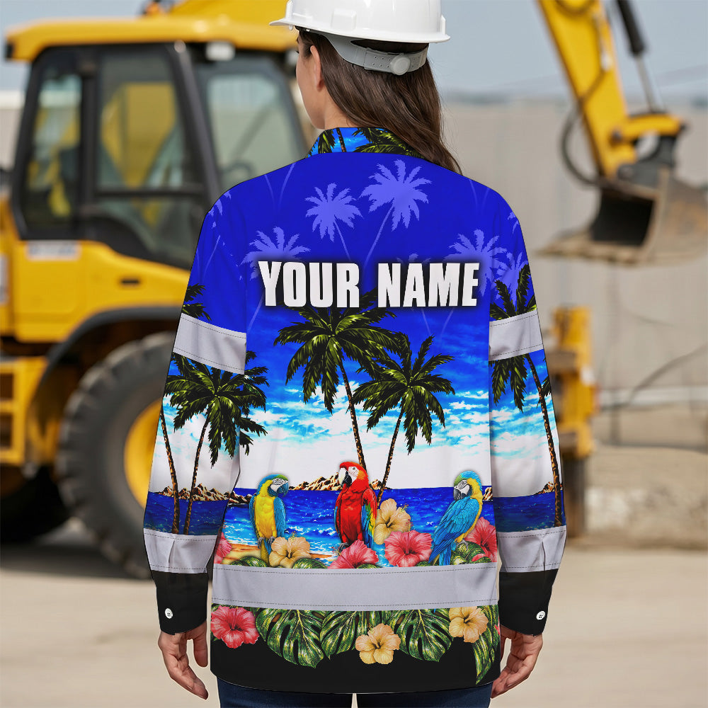 Hi Vis Hawaiian Long Sleeve Shirt Reflective Tapes Blue Black Parrot Hawaii Custom Name Safety Workwear For Truckers, Operators