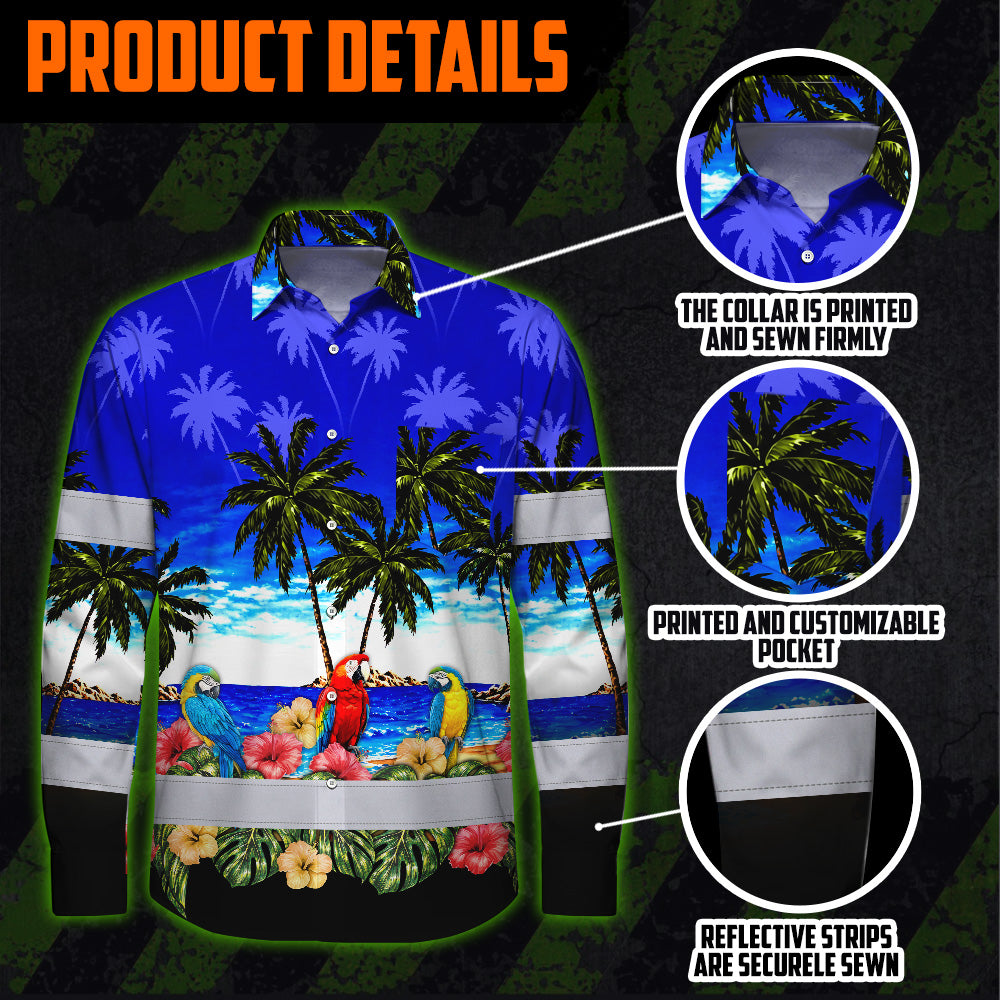 Hi Vis Hawaiian Long Sleeve Shirt Reflective Tapes Blue Black Parrot Hawaii Custom Name Safety Workwear For Truckers, Operators