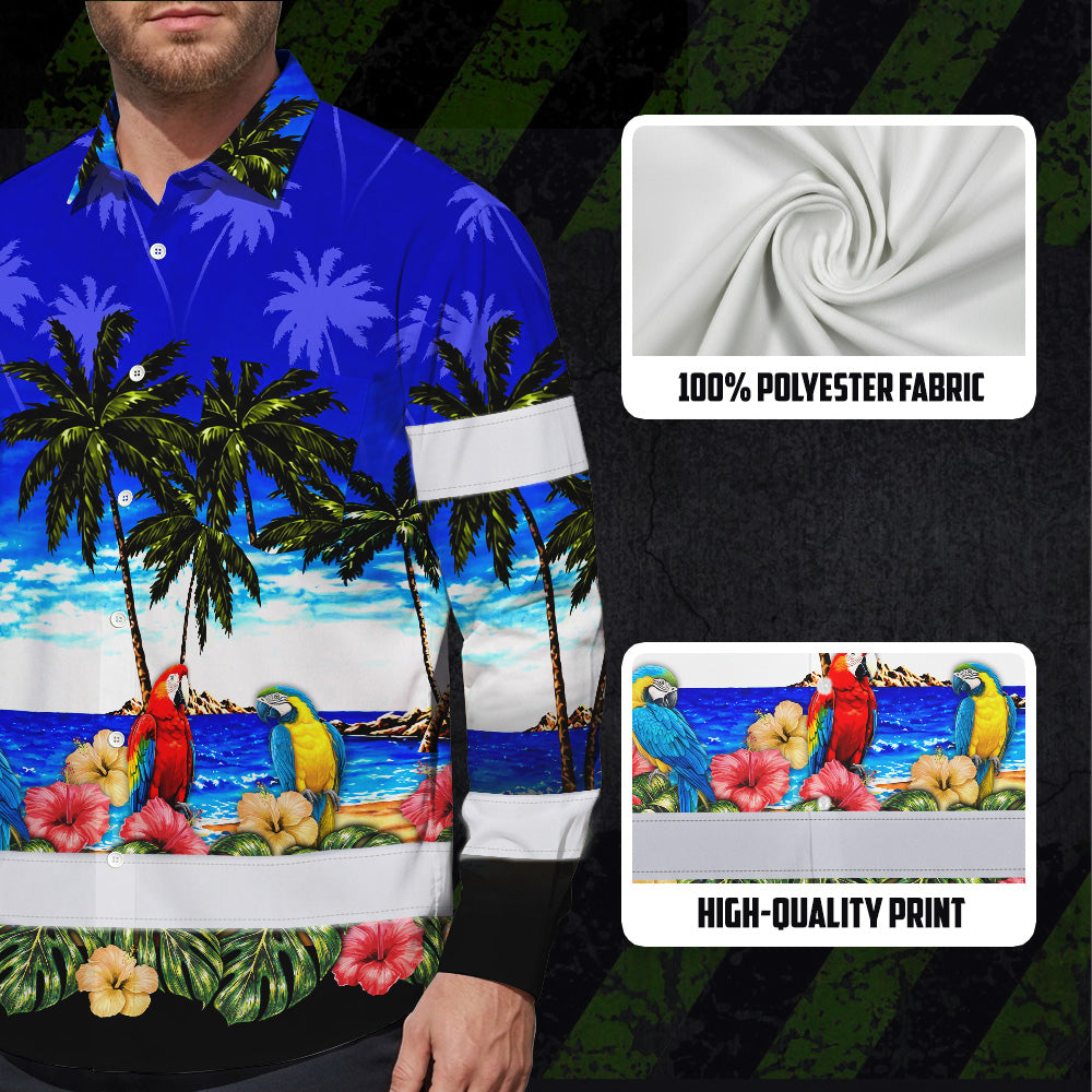 Hi Vis Hawaiian Long Sleeve Shirt Reflective Tapes Blue Black Parrot Hawaii Custom Name Safety Workwear For Truckers, Operators