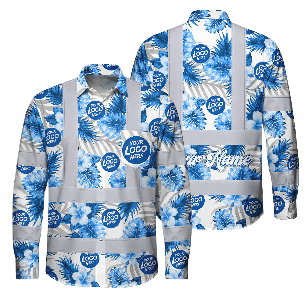 Hi Vis Hawaiian Long Sleeve Shirt Uniform Reflective Blue Neon Custom Name And Logo Safety