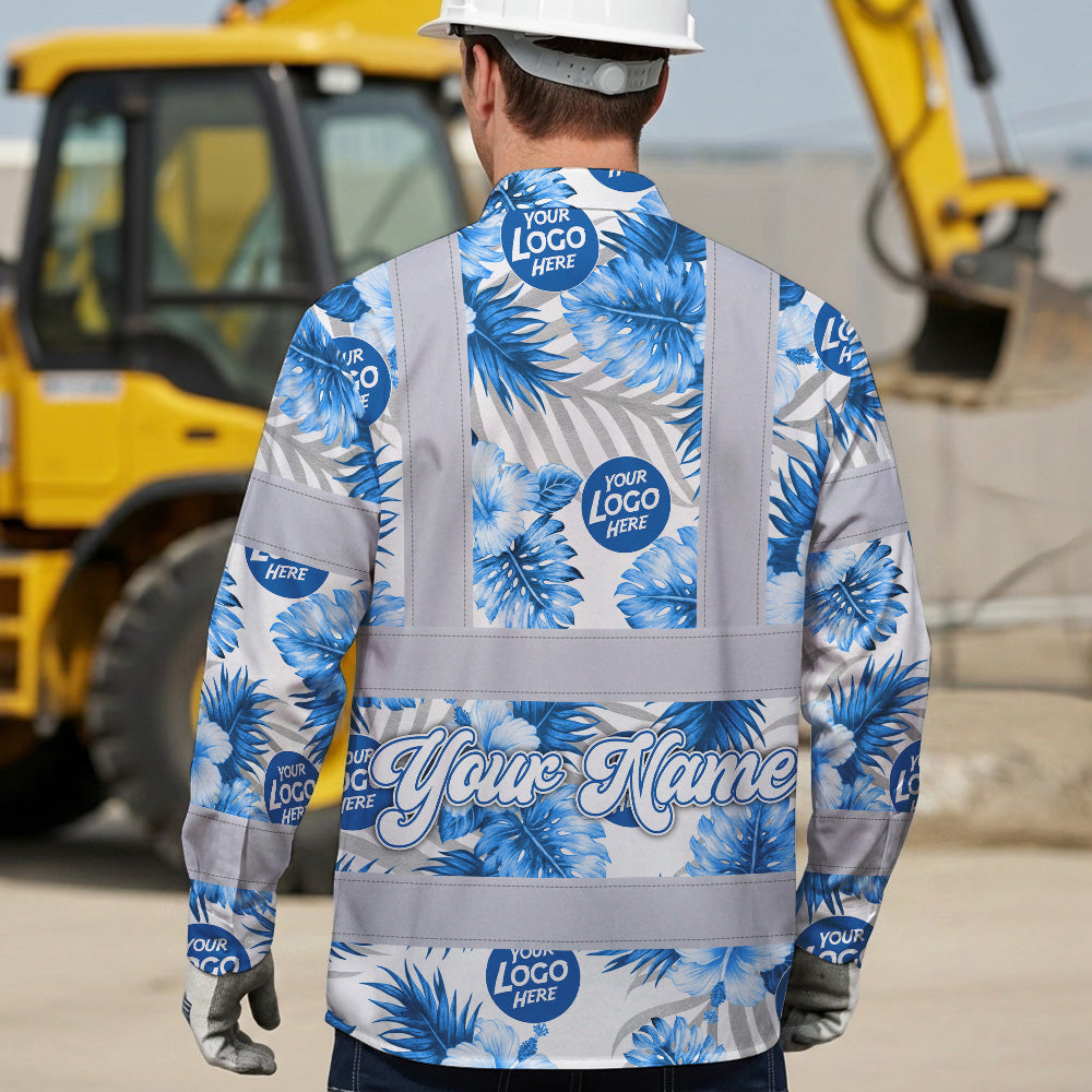 Hi Vis Hawaiian Long Sleeve Shirt Uniform Reflective Blue Neon Custom Name And Logo Safety