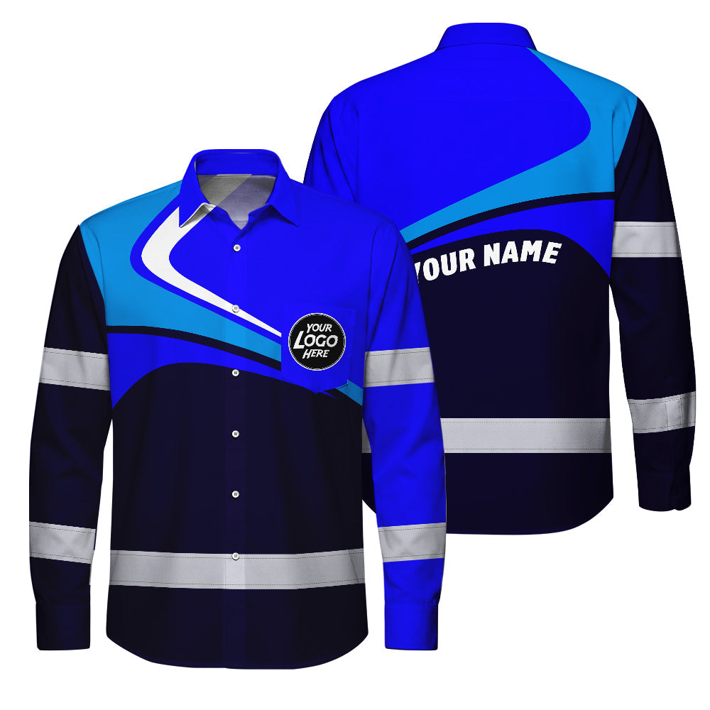 Hi Vis Hawaiian Long Sleeve Shirt Uniform Reflective Blue Neon Custom Name And Logo Safety