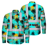 Hi Vis Hawaiian Long Sleeve Shirt Reflective Tapes Blue Neon Flowers Custom Name