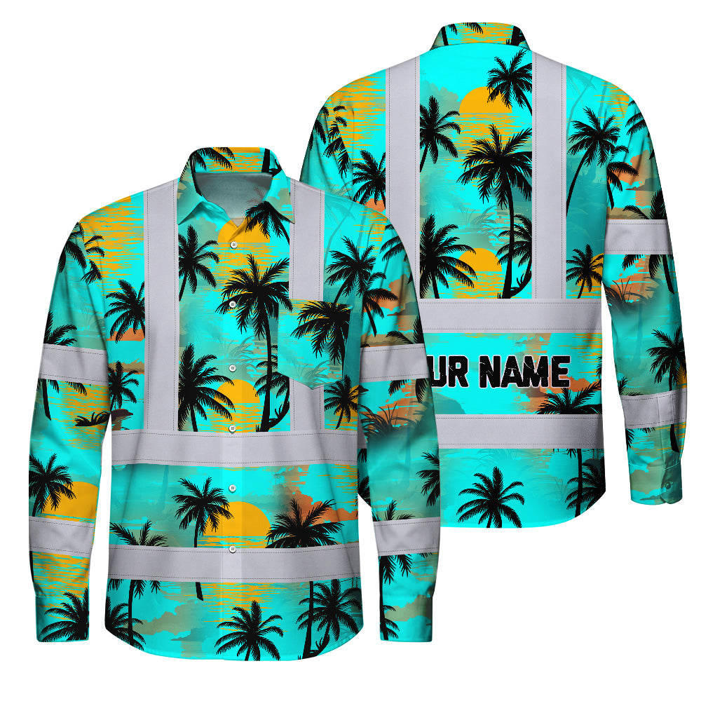 Hi Vis Hawaiian Long Sleeve Shirt Reflective Tapes Blue Neon Flowers Custom Name