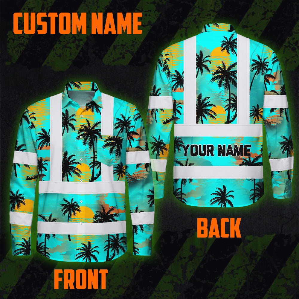 Hi Vis Hawaiian Long Sleeve Shirt Reflective Tapes Blue Neon Flowers Custom Name