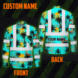 Hi Vis Hawaiian Long Sleeve Shirt Reflective Tapes Blue Neon Flowers Custom Name