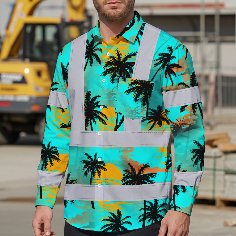 Hi Vis Hawaiian Long Sleeve Shirt Reflective Tapes Blue Neon Flowers Custom Name