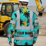 Hi Vis Hawaiian Long Sleeve Shirt Reflective Tapes Blue Neon Flowers Custom Name