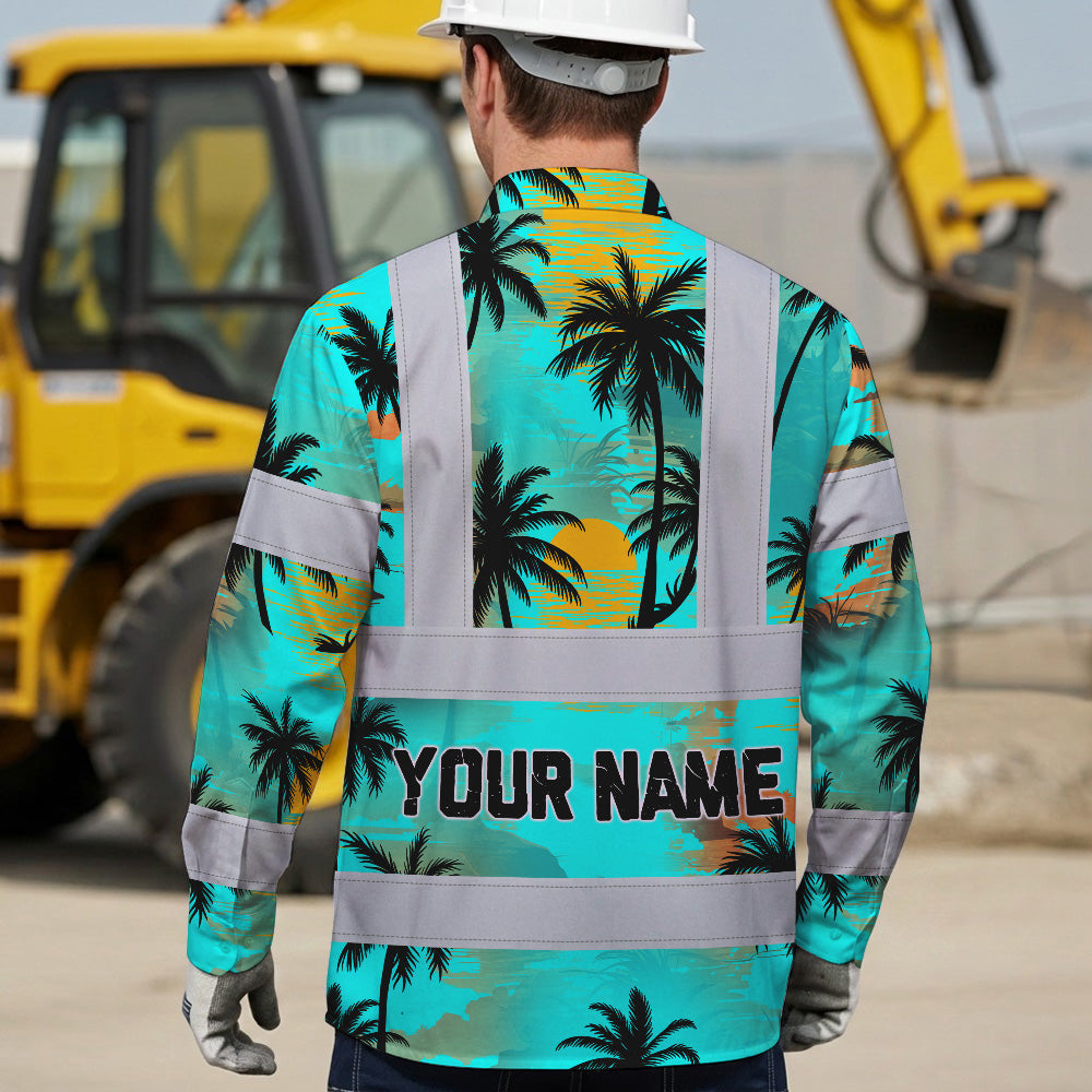 Hi Vis Hawaiian Long Sleeve Shirt Reflective Tapes Blue Neon Flowers Custom Name