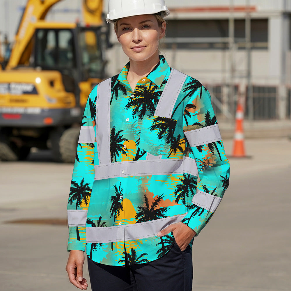 Hi Vis Hawaiian Long Sleeve Shirt Reflective Tapes Blue Neon Flowers Custom Name