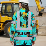 Hi Vis Hawaiian Long Sleeve Shirt Reflective Tapes Blue Neon Flowers Custom Name
