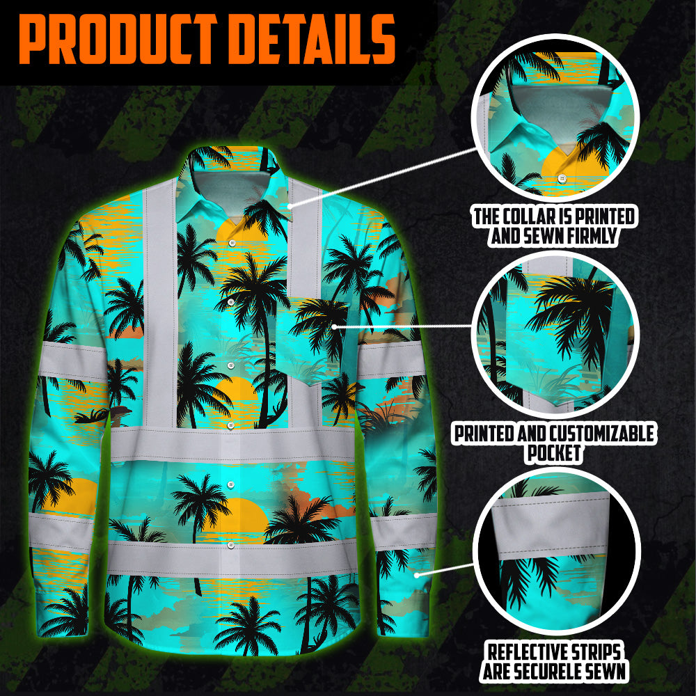 Hi Vis Hawaiian Long Sleeve Shirt Reflective Tapes Blue Neon Flowers Custom Name