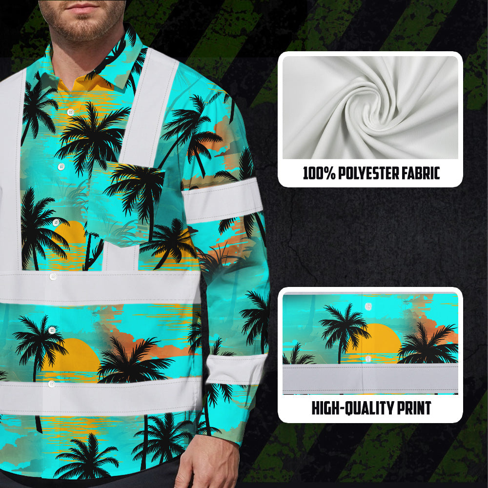 Hi Vis Hawaiian Long Sleeve Shirt Reflective Tapes Blue Neon Flowers Custom Name