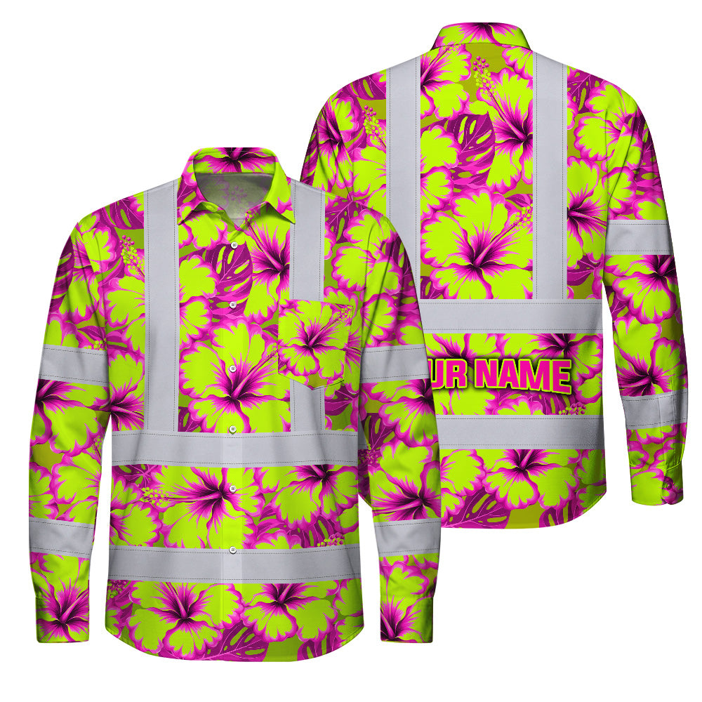 Hi Vis Hawaiian Long Sleeve Reflective Tapes Pink Neon And Lime Flowers Custom Name Safety Workwear For Truckers, Operators