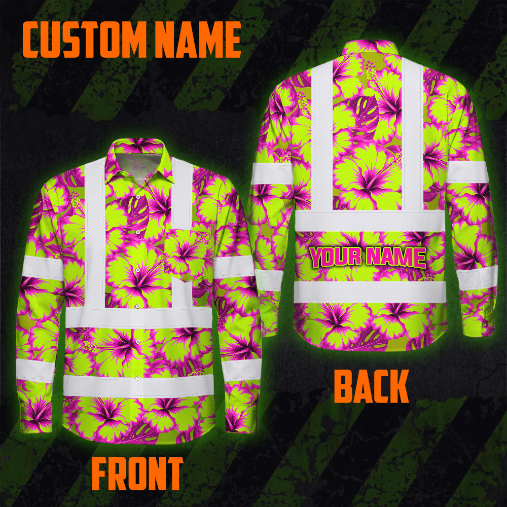 Hi Vis Hawaiian Long Sleeve Reflective Tapes Pink Neon And Lime Flowers Custom Name Safety Workwear For Truckers, Operators
