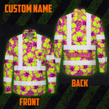 Hi Vis Hawaiian Long Sleeve Reflective Tapes Pink Neon And Lime Flowers Custom Name Safety Workwear For Truckers, Operators