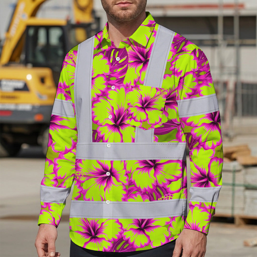 Hi Vis Hawaiian Long Sleeve Reflective Tapes Pink Neon And Lime Flowers Custom Name Safety Workwear For Truckers, Operators