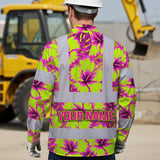 Hi Vis Hawaiian Long Sleeve Reflective Tapes Pink Neon And Lime Flowers Custom Name Safety Workwear For Truckers, Operators