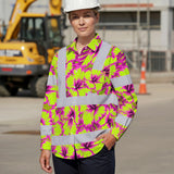 Hi Vis Hawaiian Long Sleeve Reflective Tapes Pink Neon And Lime Flowers Custom Name Safety Workwear For Truckers, Operators