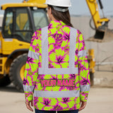 Hi Vis Hawaiian Long Sleeve Reflective Tapes Pink Neon And Lime Flowers Custom Name Safety Workwear For Truckers, Operators