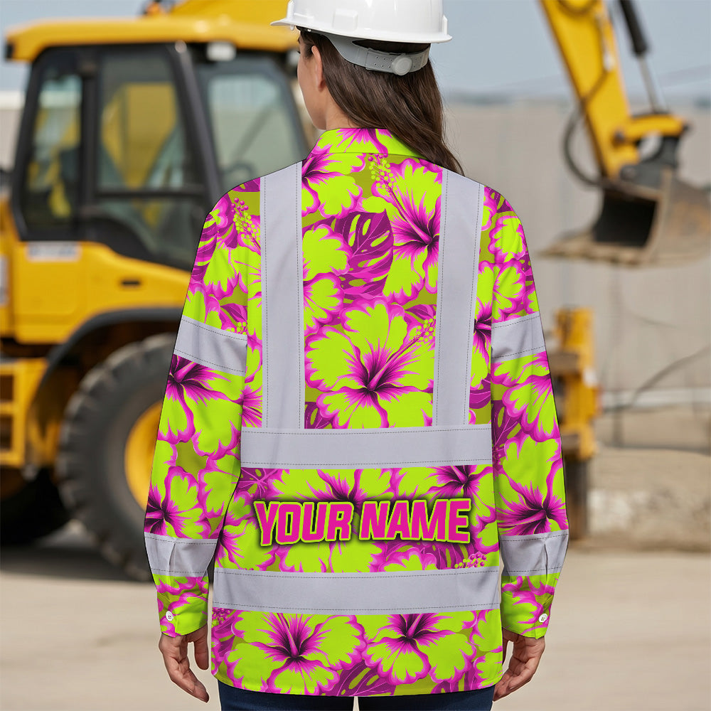 Hi Vis Hawaiian Long Sleeve Reflective Tapes Pink Neon And Lime Flowers Custom Name Safety Workwear For Truckers, Operators