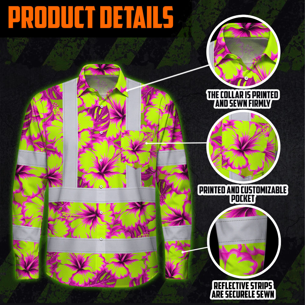 Hi Vis Hawaiian Long Sleeve Reflective Tapes Pink Neon And Lime Flowers Custom Name Safety Workwear For Truckers, Operators