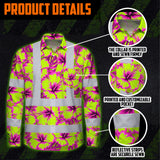 Hi Vis Hawaiian Long Sleeve Reflective Tapes Pink Neon And Lime Flowers Custom Name Safety Workwear For Truckers, Operators