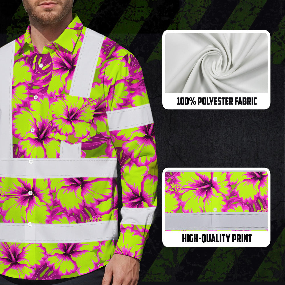 Hi Vis Hawaiian Long Sleeve Reflective Tapes Pink Neon And Lime Flowers Custom Name Safety Workwear For Truckers, Operators