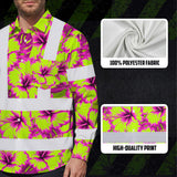 Hi Vis Hawaiian Long Sleeve Reflective Tapes Pink Neon And Lime Flowers Custom Name Safety Workwear For Truckers, Operators