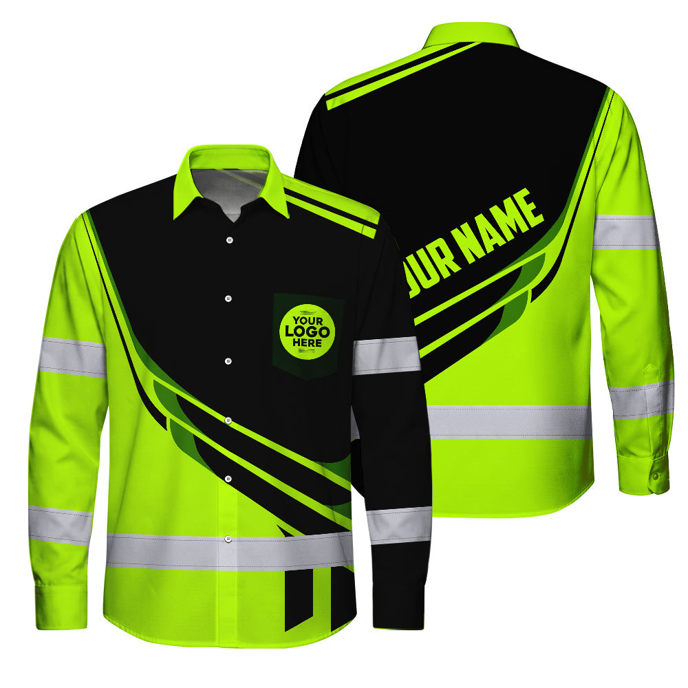 Hi Vis Hawaiian Long Sleeve Shirt Reflective Tapes Uniform Green Neon 2 Custom Logo And Name