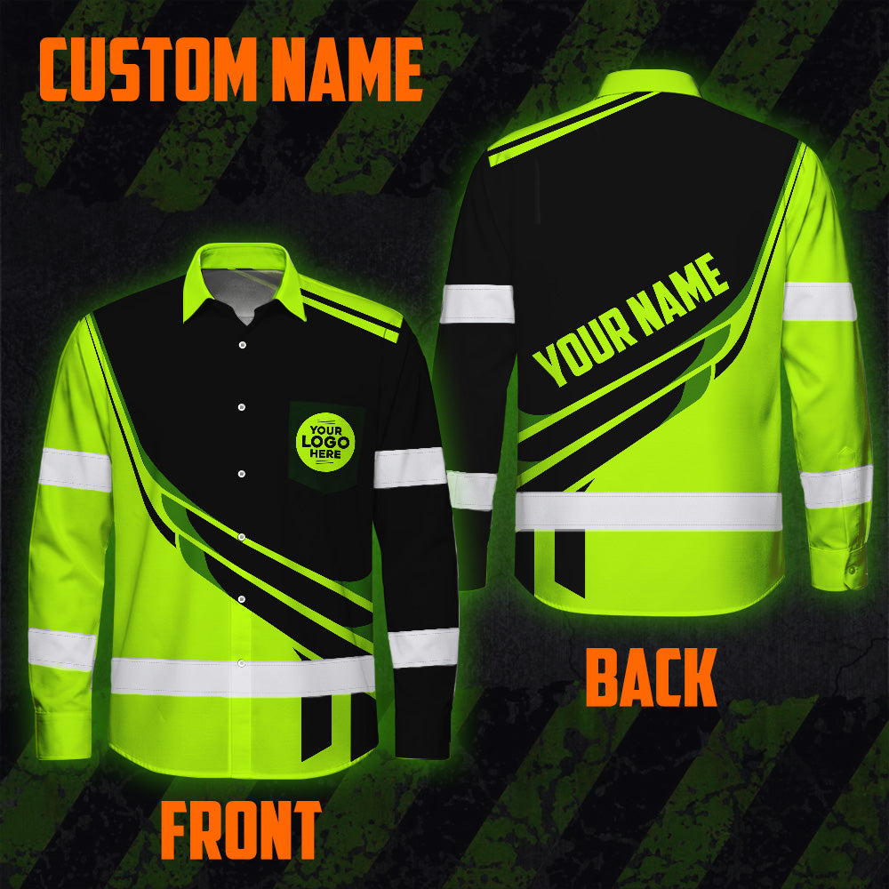 Hi Vis Hawaiian Long Sleeve Shirt Reflective Tapes Uniform Green Neon 2 Custom Logo And Name