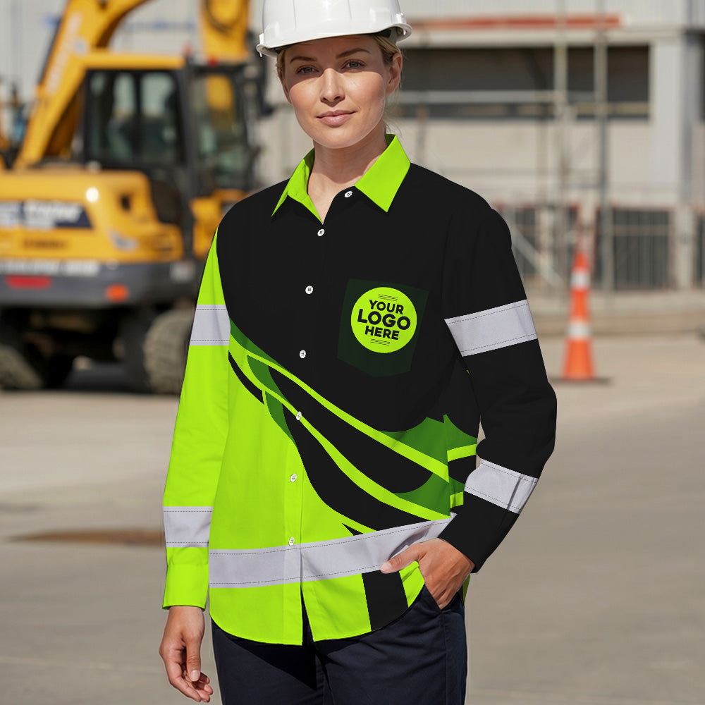 Hi Vis Hawaiian Long Sleeve Shirt Reflective Tapes Uniform Green Neon 2 Custom Logo And Name