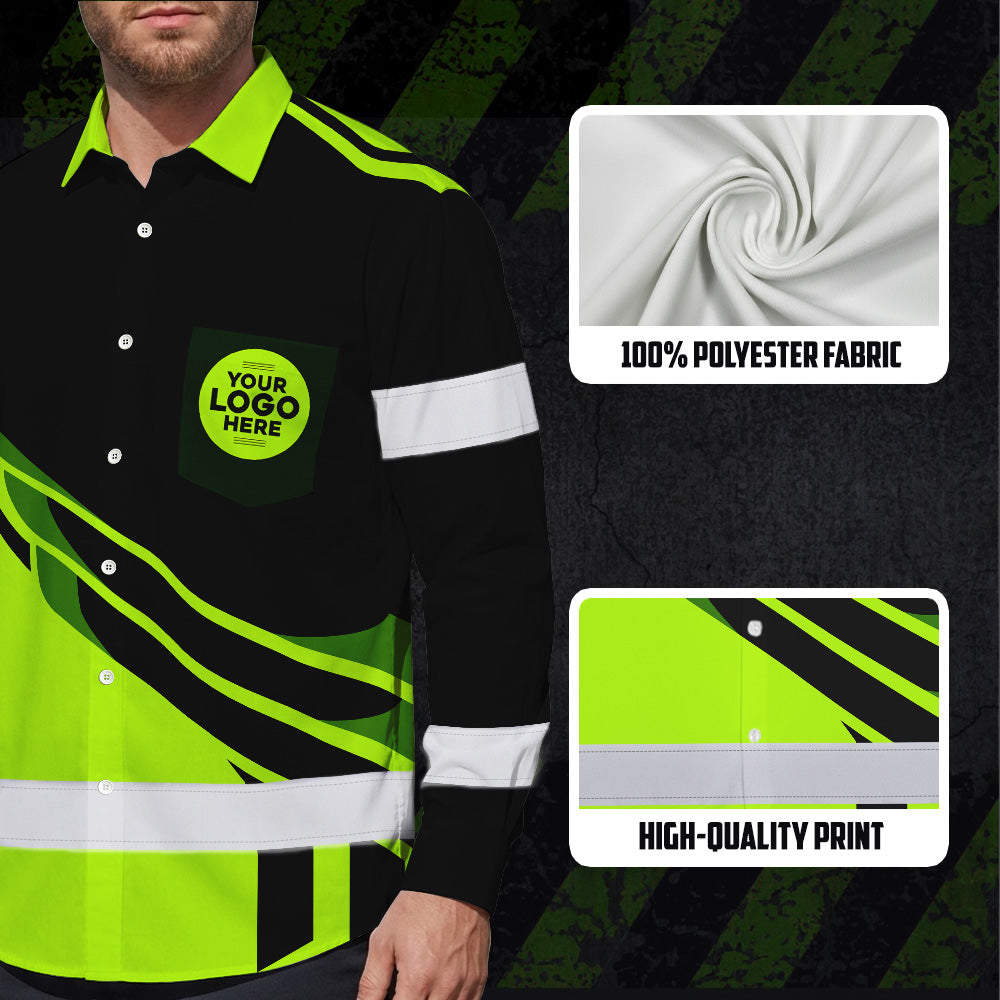 Hi Vis Hawaiian Long Sleeve Shirt Reflective Tapes Uniform Green Neon 2 Custom Logo And Name