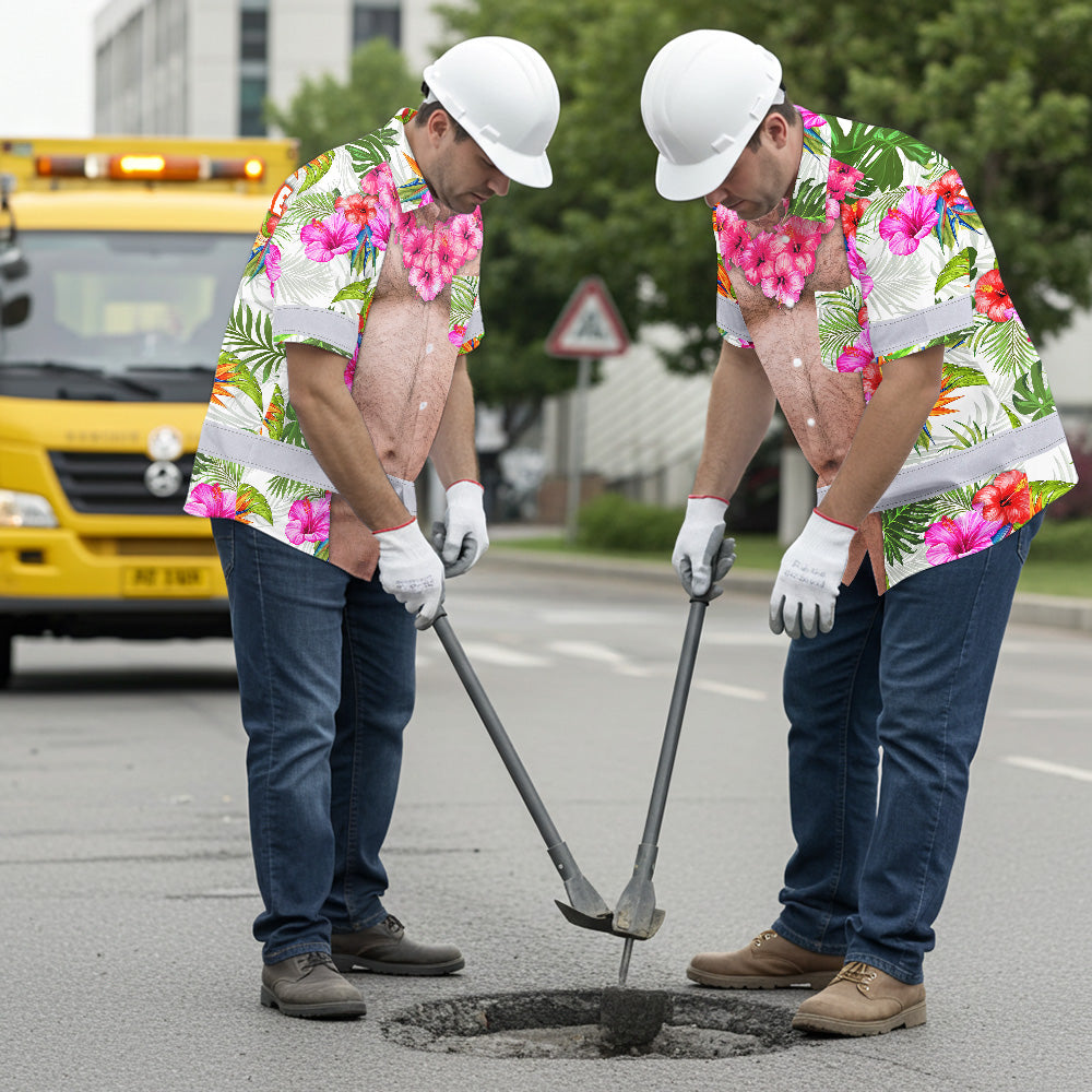 Hi Vis Hawaiian Shirt Reflective Tapes Funny Belly Custom Name Safety Workwear For Workers, Truckers, Operators