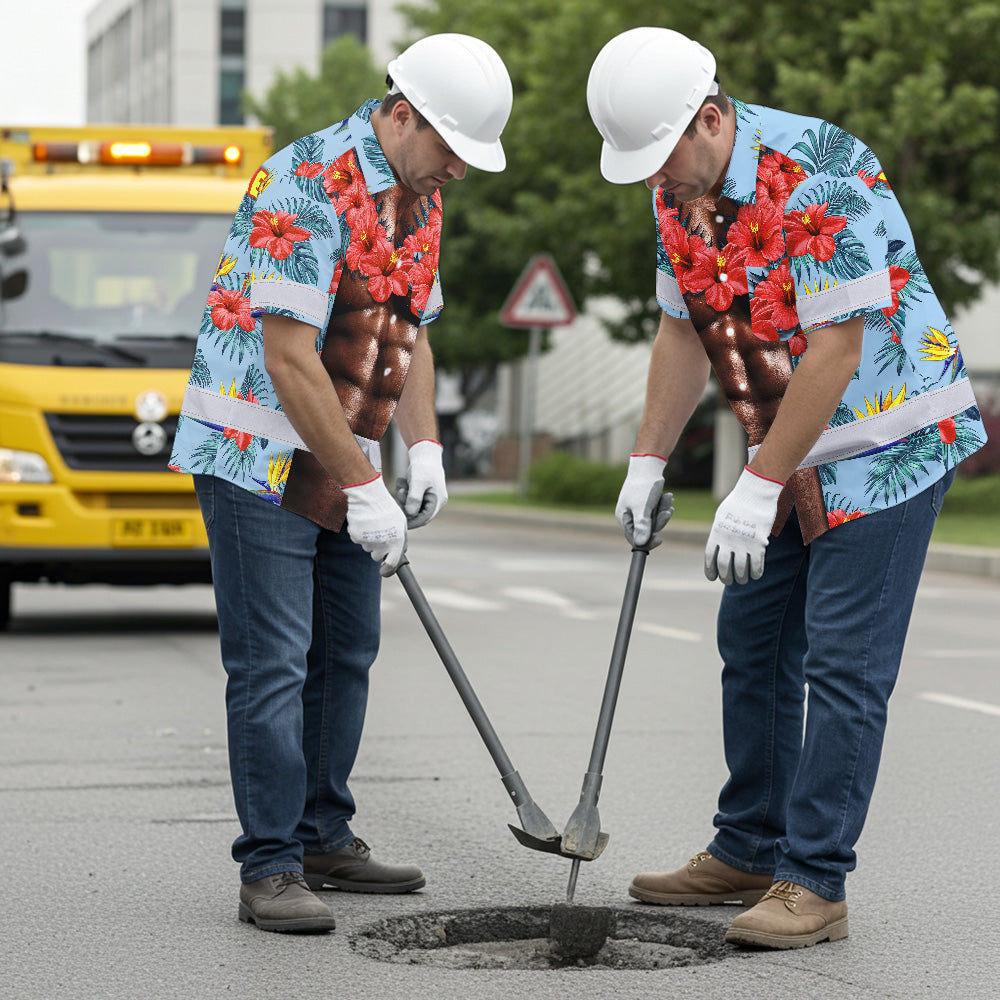 Hi Vis Hawaiian Shirt Reflective Tapes Funny Muscle Custom Name Safety Workwear For Workers, Truckers, Operators