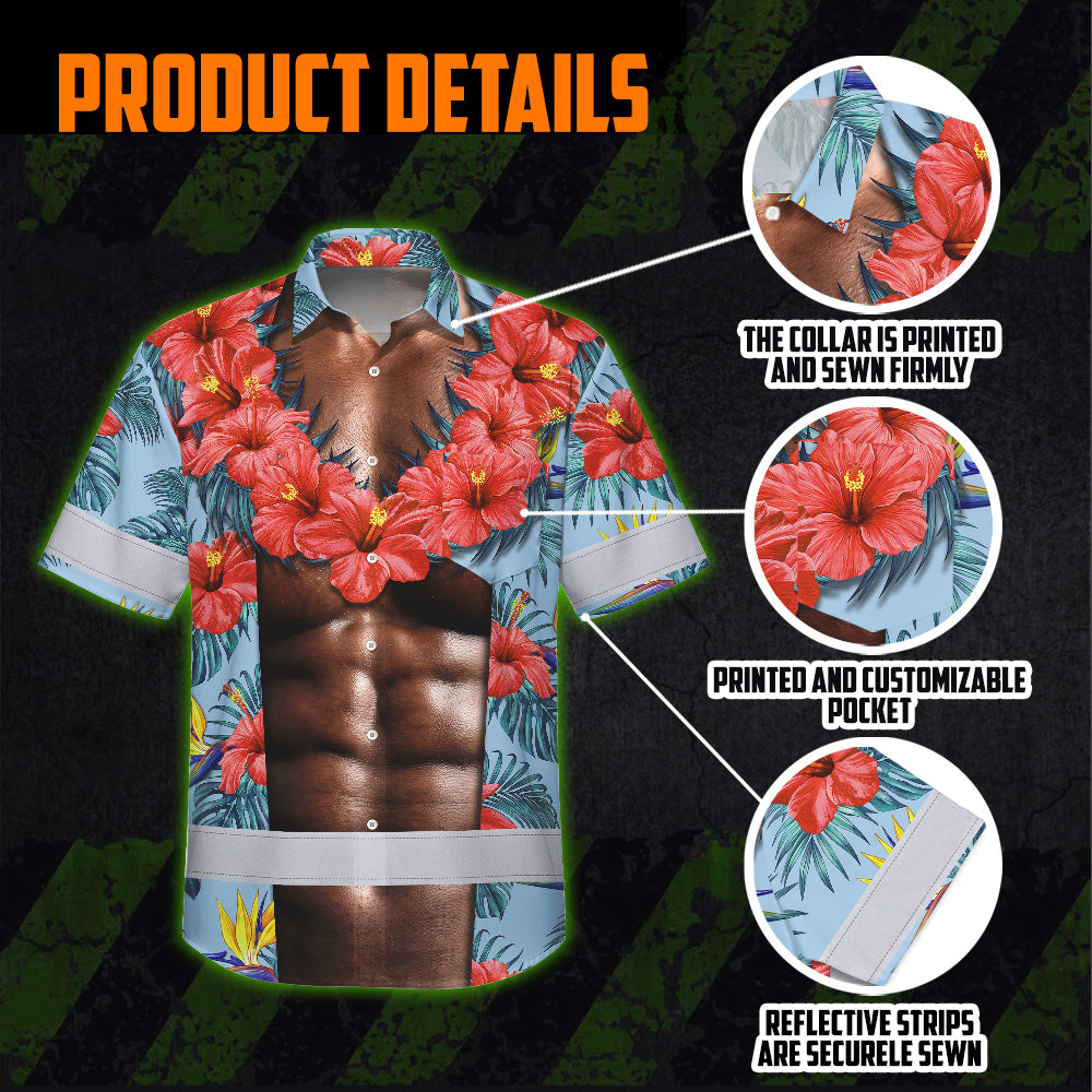 Hi Vis Hawaiian Shirt Reflective Tapes Funny Muscle Custom Name Safety Workwear For Workers, Truckers, Operators