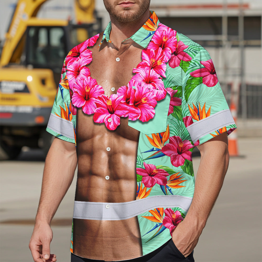 Hi Vis Hawaiian Shirt Reflective Tapes Funny Muscle 2 Custom Name Safety Workwear For Workers, Truckers, Operators