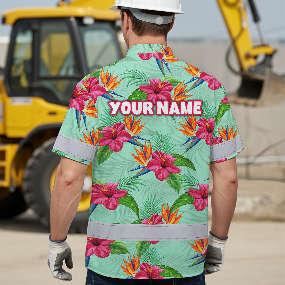 Hi Vis Hawaiian Shirt Reflective Tapes Funny Muscle 2 Custom Name Safety Workwear For Workers, Truckers, Operators